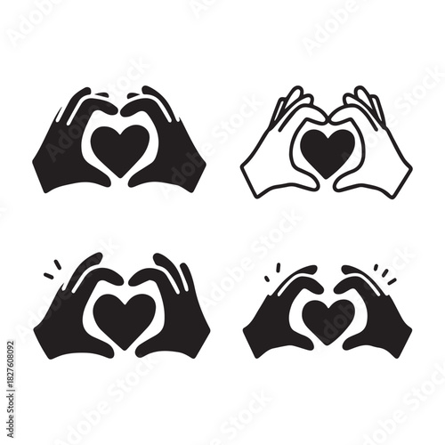 Black vector icons of hands creating a heart symbol gesture of love.