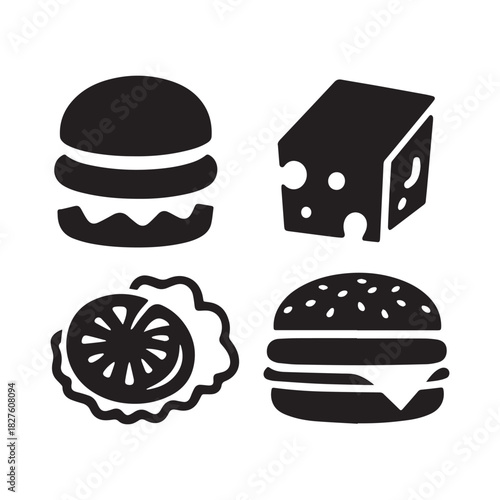 Black vector icons representing popular food ingredients and a cheeseburger sandwich.