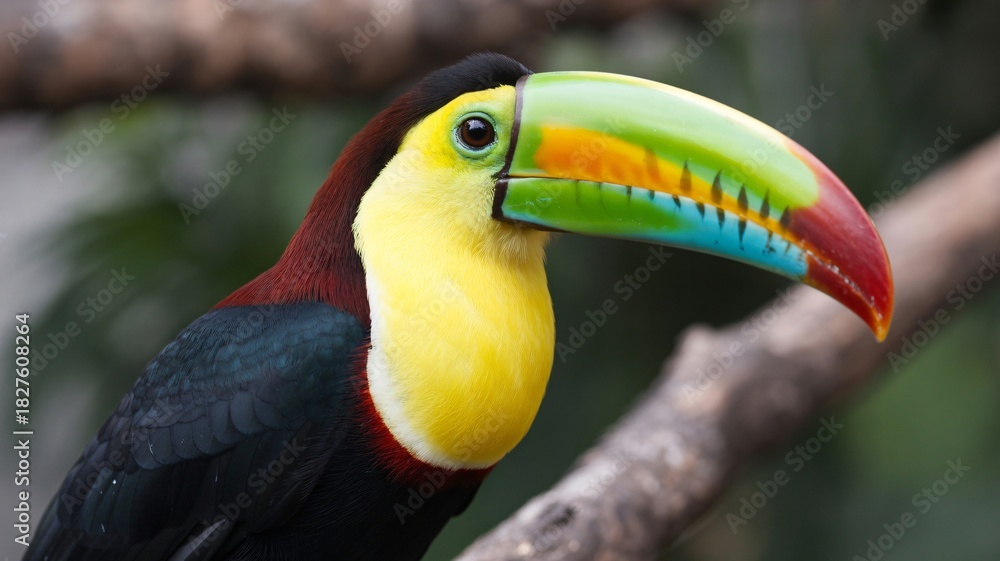 Fototapeta premium Vibrant toucan perches gracefully in lush rainforest habitat, a stunning tropical bird