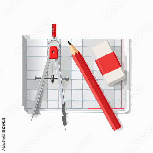School supplies with compass pencil eraser and graph paper.