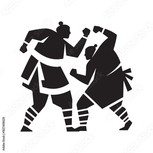 Black vector illustration of two figures engaged in an energetic martial arts fight.