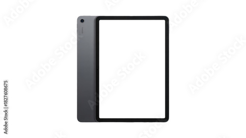 Modern dark grey tablet with an empty green screen for mockup, showcasing its sleek design and rear camera, perfect for app display. background removed