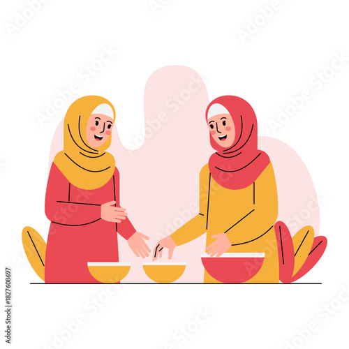 Vector Friends Preparing For Iftar Set Of Illustration Ramadan Dinner Gathering Muslim Family Meal Breaking Fast Kitchen Table Food And Drinks Festive Evening Community Togetherness Cultural