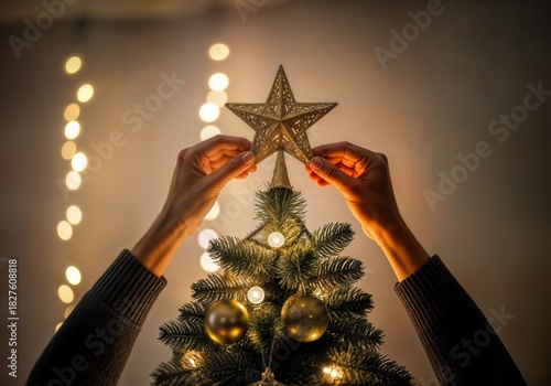 Hands Placing Star on Christmas Tree Top With Warm Interior Lighting and Bokeh Lights in Background
