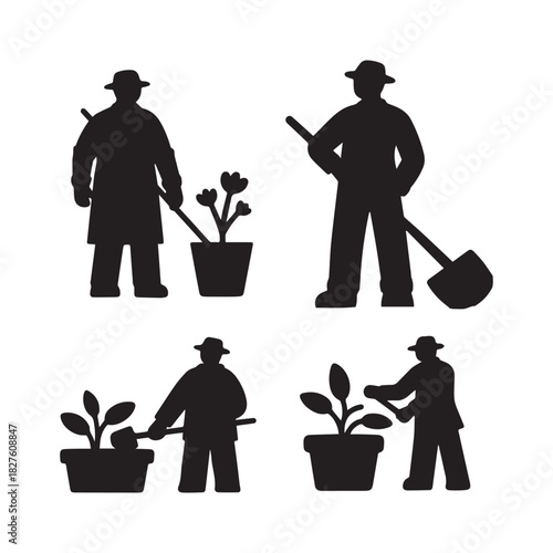Black vector silhouettes of farmers planting and working with gardening tools.