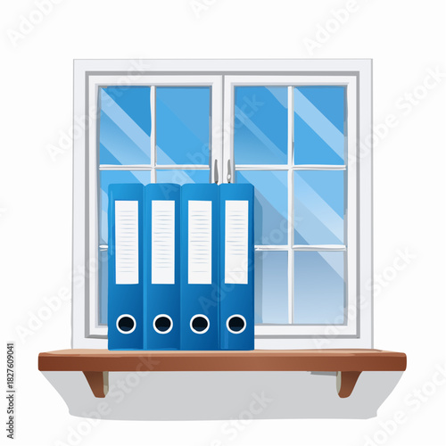 White binders on a windowsill in front of a window.