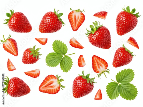 An image of strawberries floating against a professional-quality white background.
