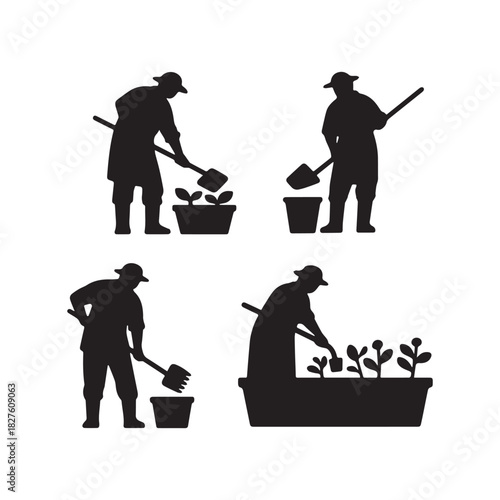 Black vector silhouettes of farmers planting and working with gardening tools.