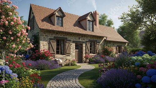 A charming stone cottage with a tiled roof and a beautiful flower garden in full bloom on a sunny day