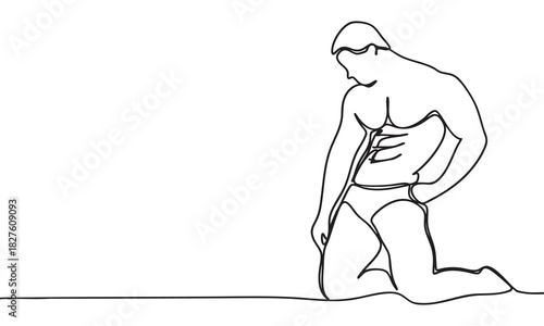 Continuous Line Drawing of a Muscular Man in a Kneeling Pose