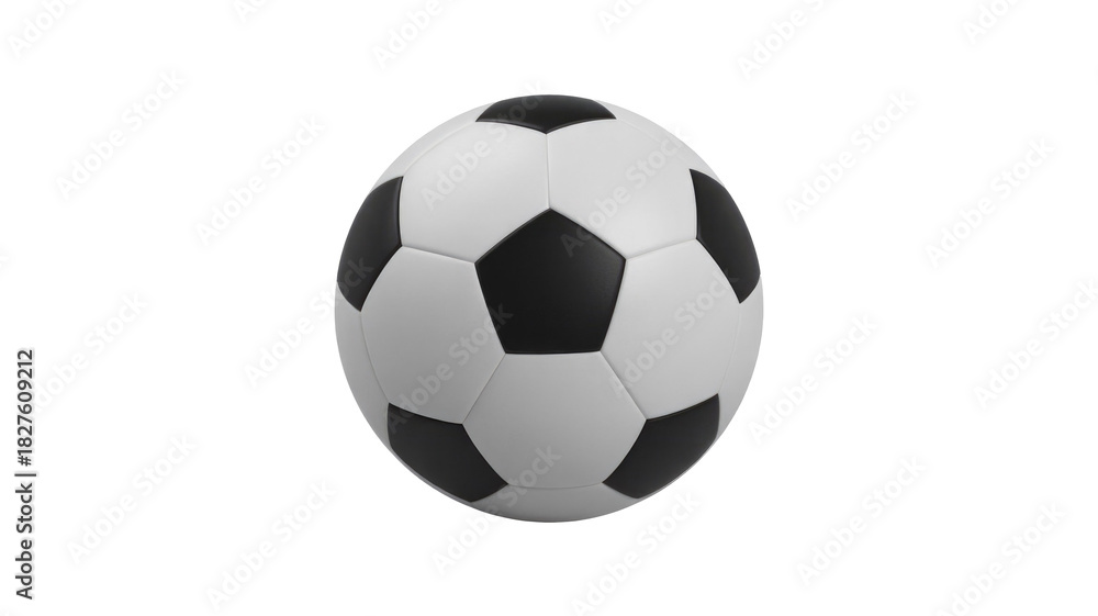 Naklejka premium A classic black and white soccer ball, featuring traditional hexagonal and pentagonal panels, stands perfectly centered on a solid transparent background. background removed