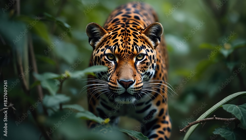 Obraz premium Close view of jaguar in nature. Wild cat walks through green thicket. Jaguar animal prowls in jungle. Feline watches with piercing look. Rare exotic predator. Conservation photo for environment