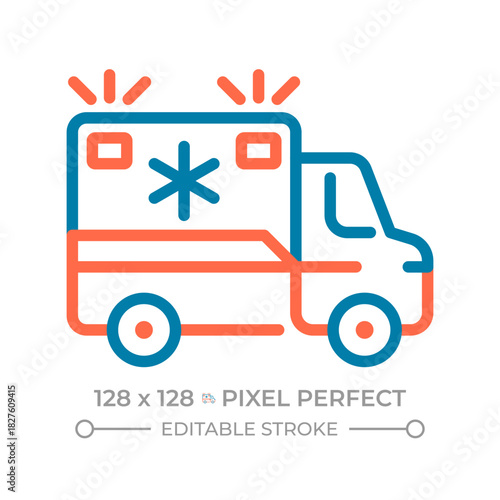 Ambulance pixel perfect two color line icon. Medical service, rescue operation. Paramedic transport bicolor outline symbol. Duotone linear pictogram. Isolated illustration. Editable stroke