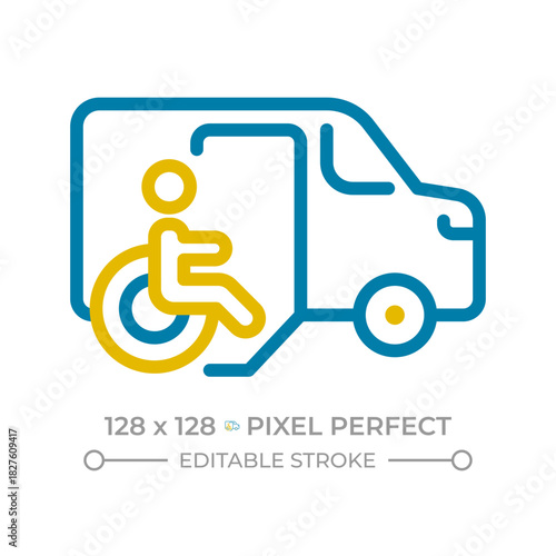 Wheelchair vehicle pixel perfect two color line icon. Mobility assistance. Accessible transport bicolor outline symbol. Duotone linear pictogram. Isolated illustration. Editable stroke