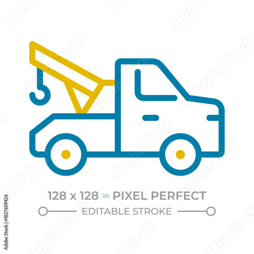 Wrecker pixel perfect two color line icon. Recovery vehicle. Roadside assistance. Breakdown lorry. Tow truck bicolor outline symbol. Duotone linear pictogram. Isolated illustration. Editable stroke
