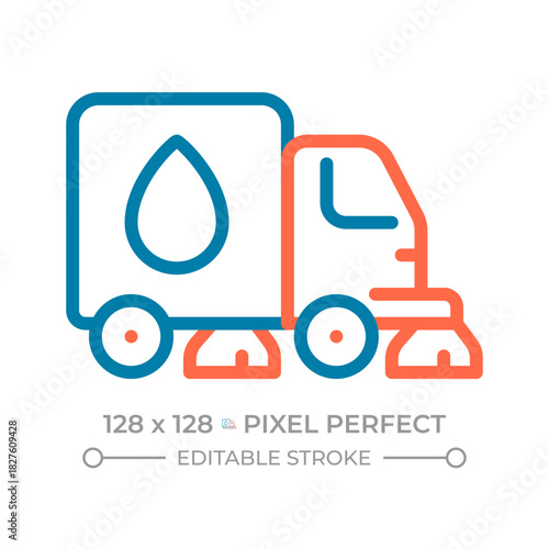 Street sweeper pixel perfect two color line icon. Vacuum truck. Water quality, public utility. Road cleaning bicolor outline symbol. Duotone linear pictogram. Isolated illustration. Editable stroke