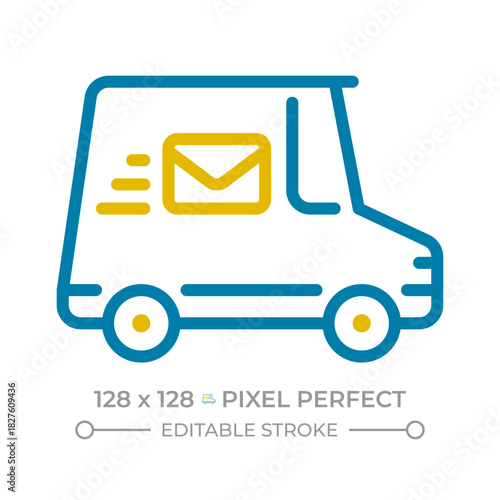 Mail carrier van pixel perfect two color line icon. Delivery truck, package transportation. Shipping vehicle bicolor outline symbol. Duotone linear pictogram. Isolated illustration. Editable stroke