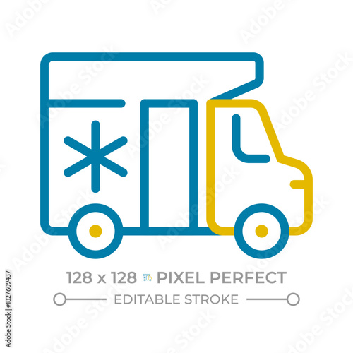 Refrigerated delivery truck pixel perfect two color line icon. Transport goods, cold chain. Cold vehicle bicolor outline symbol. Duotone linear pictogram. Isolated illustration. Editable stroke