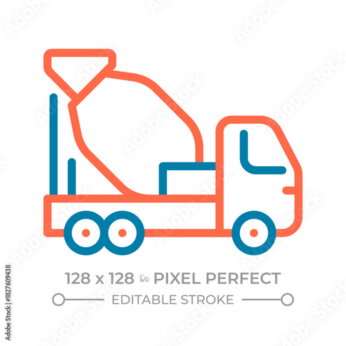 Concrete mixer truck pixel perfect two color line icon. Heavy machinery. Construction logistics bicolor outline symbol. Duotone linear pictogram. Isolated illustration. Editable stroke