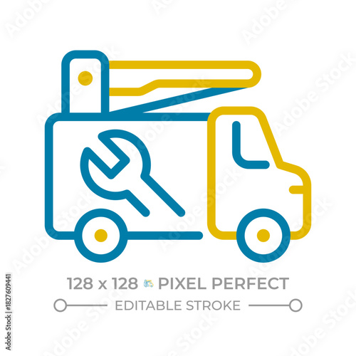 Utility vehicle pixel perfect two color line icon. Maintenance services, roadside assistance. Repair transport bicolor outline symbol. Duotone linear pictogram. Isolated illustration. Editable stroke