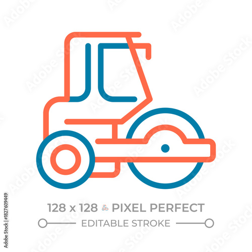 Road roller pixel perfect two color line icon. Construction transport. Industrial asphalt steamroller bicolor outline symbol. Duotone linear pictogram. Isolated illustration. Editable stroke