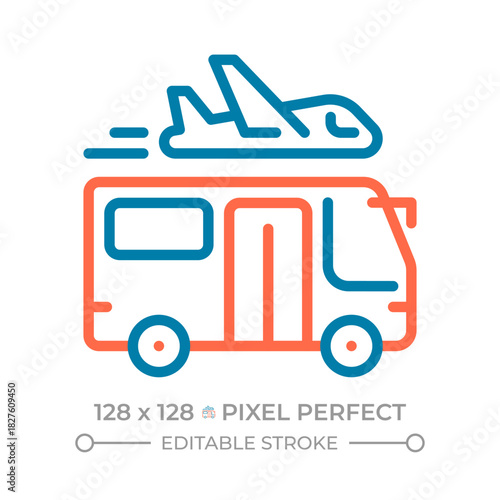 Airport shuttle services pixel perfect two color line icon. Bus transportation. Travel transport bicolor outline symbol. Duotone linear pictogram. Isolated illustration. Editable stroke