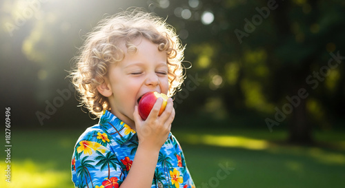 Joyful young boy taking a big bite of a fresh apple, relishing the taste of summer in a colorful floral shirt, perfect for healthy lifestyle campaigns