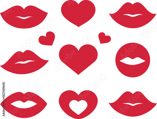 Vector illustration collection of red kiss icons and heart shapes for romantic designs