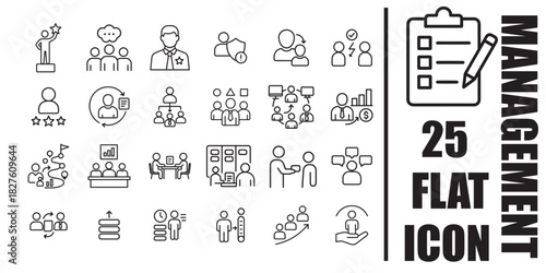 Black and White Management Icons Set. Flat Outline Business, Leadership, Teamwork and Project Management Vector Symbols