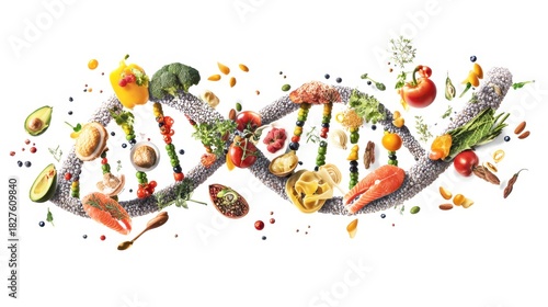 DNA strand made of various fresh vegetables, fruits, nuts, and pasta, symbolizing healthy nutrition and epigenetic food science with vibrant colors and natural ingredients