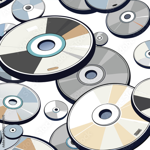 Retro Compact Disc Vector Pattern – Scattered CDs and DVDs Background for Music or Data Storage Concept"