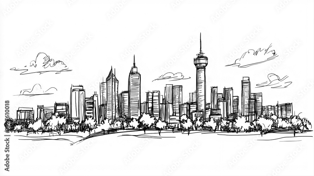 Naklejka premium Johannesburg Skyline 2D Doodle Illustration Front View Black White Isolated Background