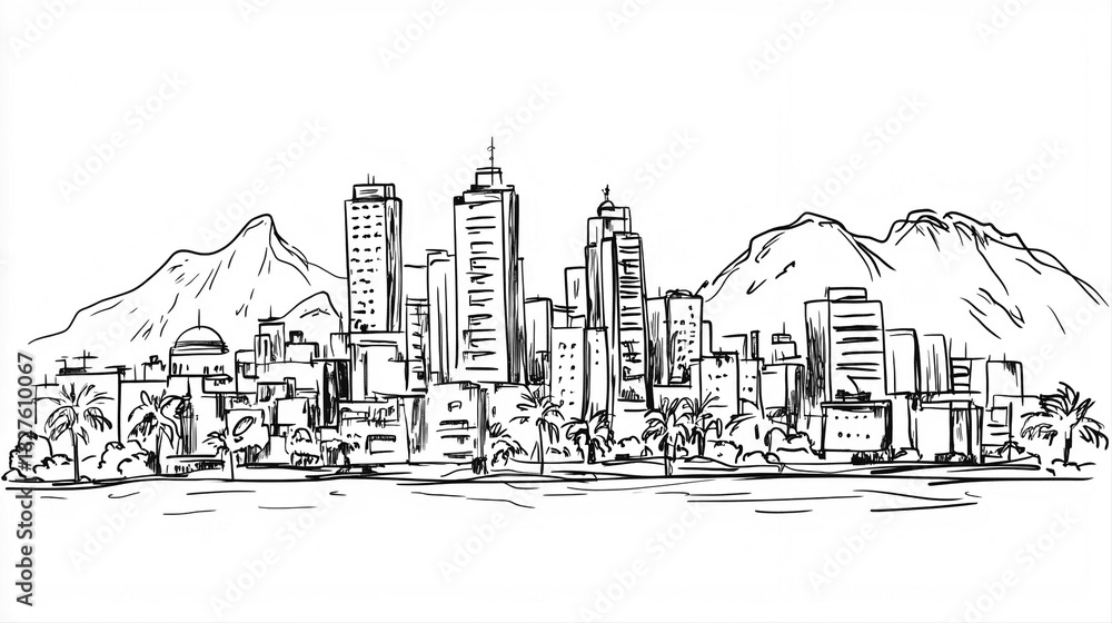 Obraz premium Lima Skyline 2D Doodle Illustration Front View Black White Isolated Background