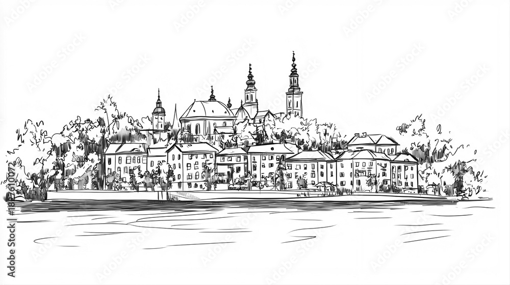 Naklejka premium Ljubljana Skyline 2D Doodle Illustration Front View Black White Isolated Background