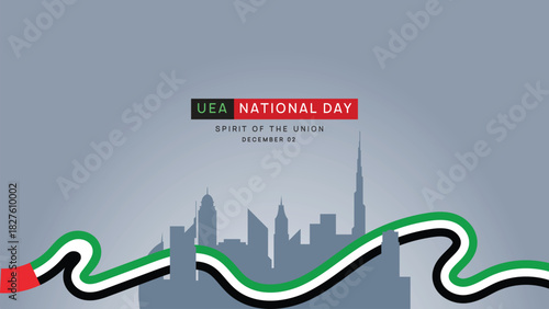Minimalist Flat UAE National Day Skyline with Waving Flag Ribbon and Blue Grey Background for Celebration Banner and Holiday Poster Design
