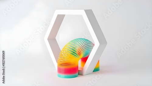 Colorful slinky toy inside a white geometric frame against a white background