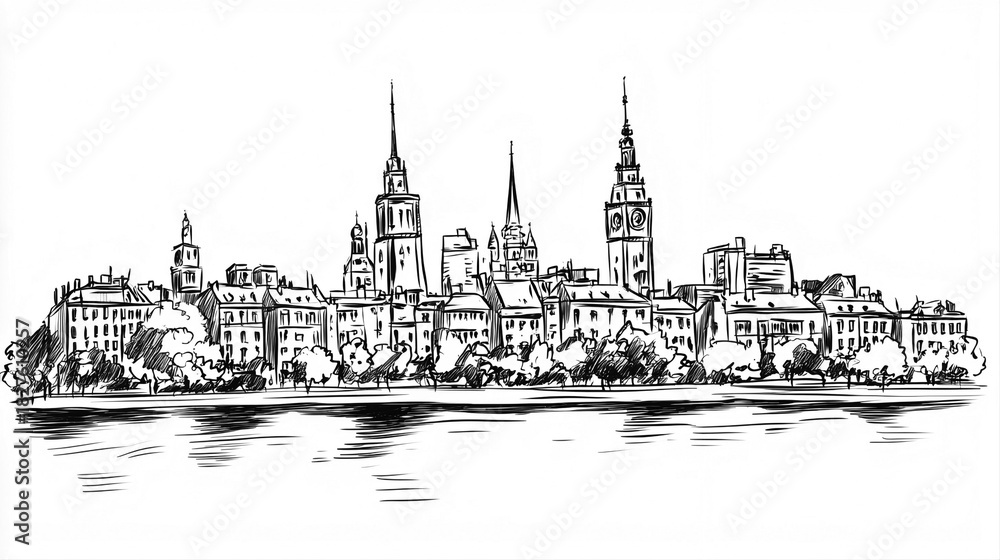 Fototapeta premium Riga Skyline 2D Doodle Illustration Front View Black White Isolated Background