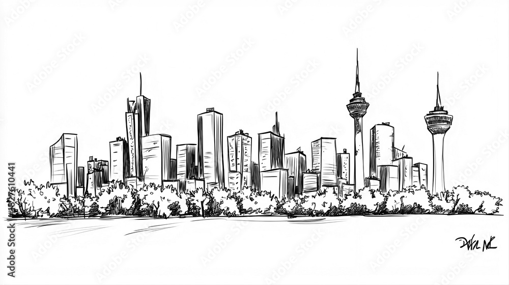 Obraz premium Tehran Skyline 2D Doodle Illustration Front View Black White Isolated Background