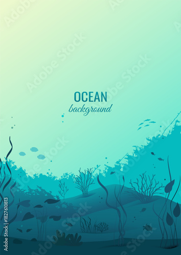 Underwater landscape of the seabed. Ocean flora and fauna. Coral reefs, algae, seagrass, and fish. Vector illustration.