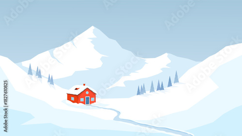 Lonely red house in the middle of a snowy valley. Mountain peaks in the background. Minimalistic Scandinavian landscape. Vector illustration in flat style.