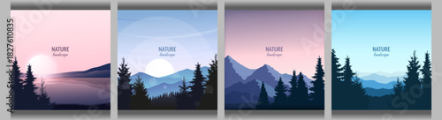 Set of 4 mountain landscapes. Panoramic view of mountain ranges in the evening twilight, sunset on the lake, silhouettes of fir trees. Vector illustration.