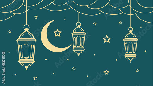 Illustration of lanterns moon and stars on teal