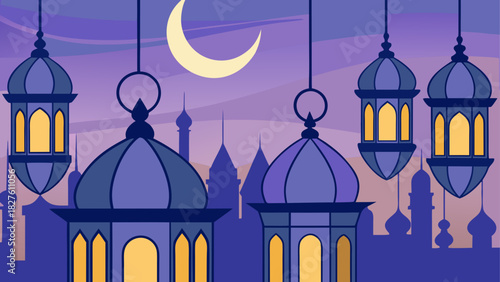 Illustration of lanterns and a crescent moon night
