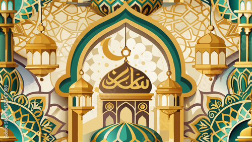 Illustration of islamic architecture and lanterns