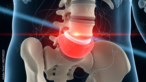 Anatomical illustration of the lower spine showing inflammation and possible disc herniation or spinal injury