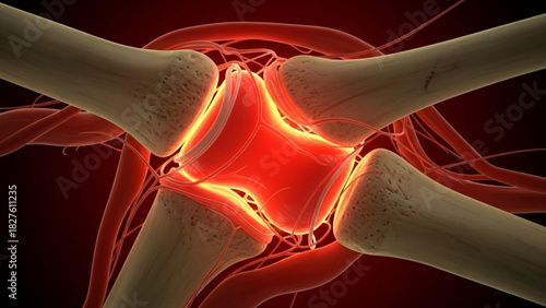Illustration showing a joint with bones and ligaments highlighted in red on a dark background image