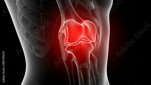 Illustration of a painful knee joint with surrounding skeletal structure and a black background