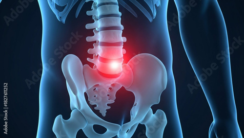 Anatomical illustration showing the lower back spine and pelvis with a red glow indicating pain