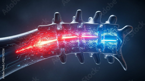 Digital spinal column with red and blue light emitting from the vertebrae in a dark background