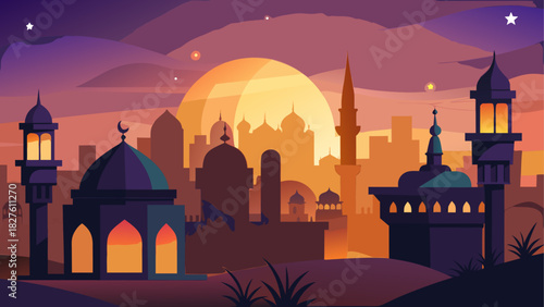 Illustration of a city skyline at dusk with moon